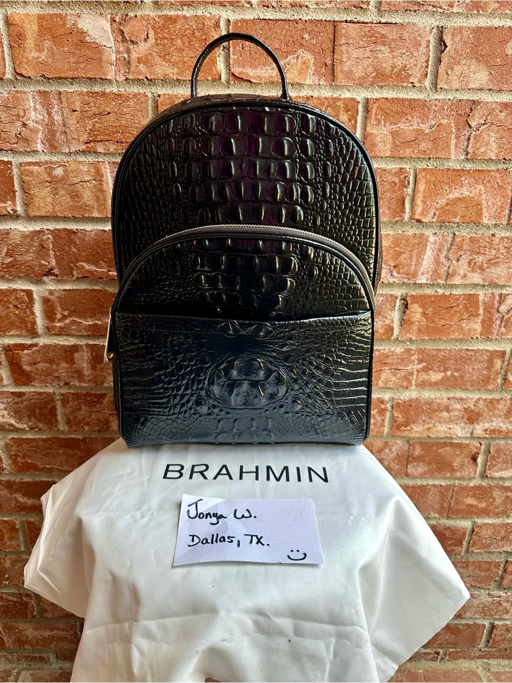 Brahmin Black Croc-Embossed Leather Backpack